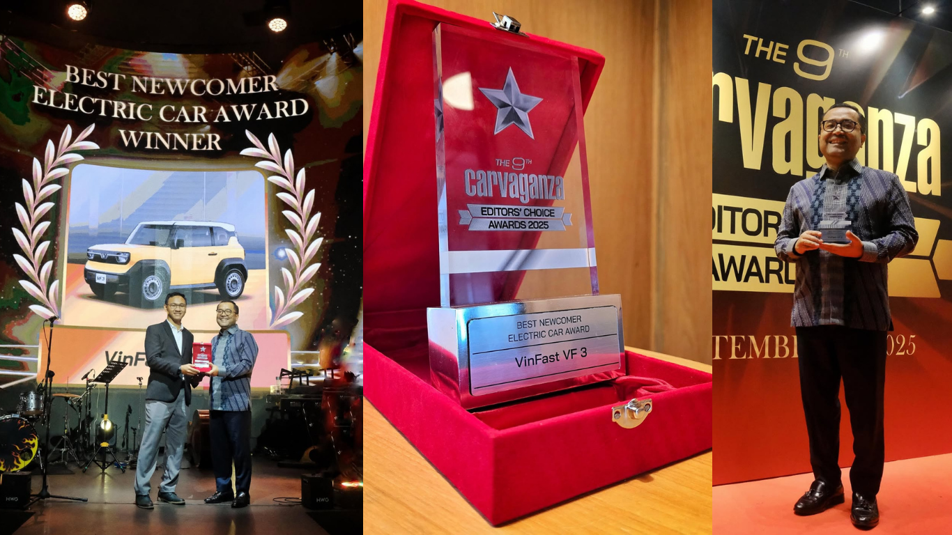 VinFast VF 3 meraih penghargaan Mobil Listrik Pendatang Baru Terbaik di ajang The 9th Carvaganza Editor's Choice Awards 2025!
