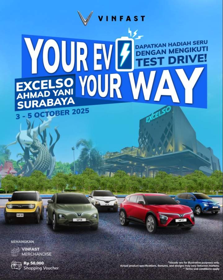 Dalam acara "Your EV Your Way," Anda tidak hanya sekadar melihat, tetapi Anda berkesempatan untuk melakukan Test Drive eksklusif berbagai model mobil listrik VinFast, mulai dari model kompak nan stylish seperti VF3 dan VF5, hingga model yang lebih tangguh seperti VFe34 dan VF6.