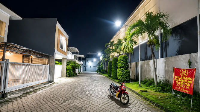 Suasana permukiman warga di belakang gedung lapangan padel. Lokasi ini menjadi perhatian dalam polemik dugaan kebisingan, sementara pengelola telah melakukan pemasangan peredam suara sebagai langkah mitigasi.
