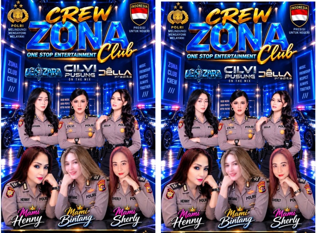 Foto: Pamflet promo Zona Club menampilkan enam wanita dengan seragam menyerupai Polri dan logo institusi